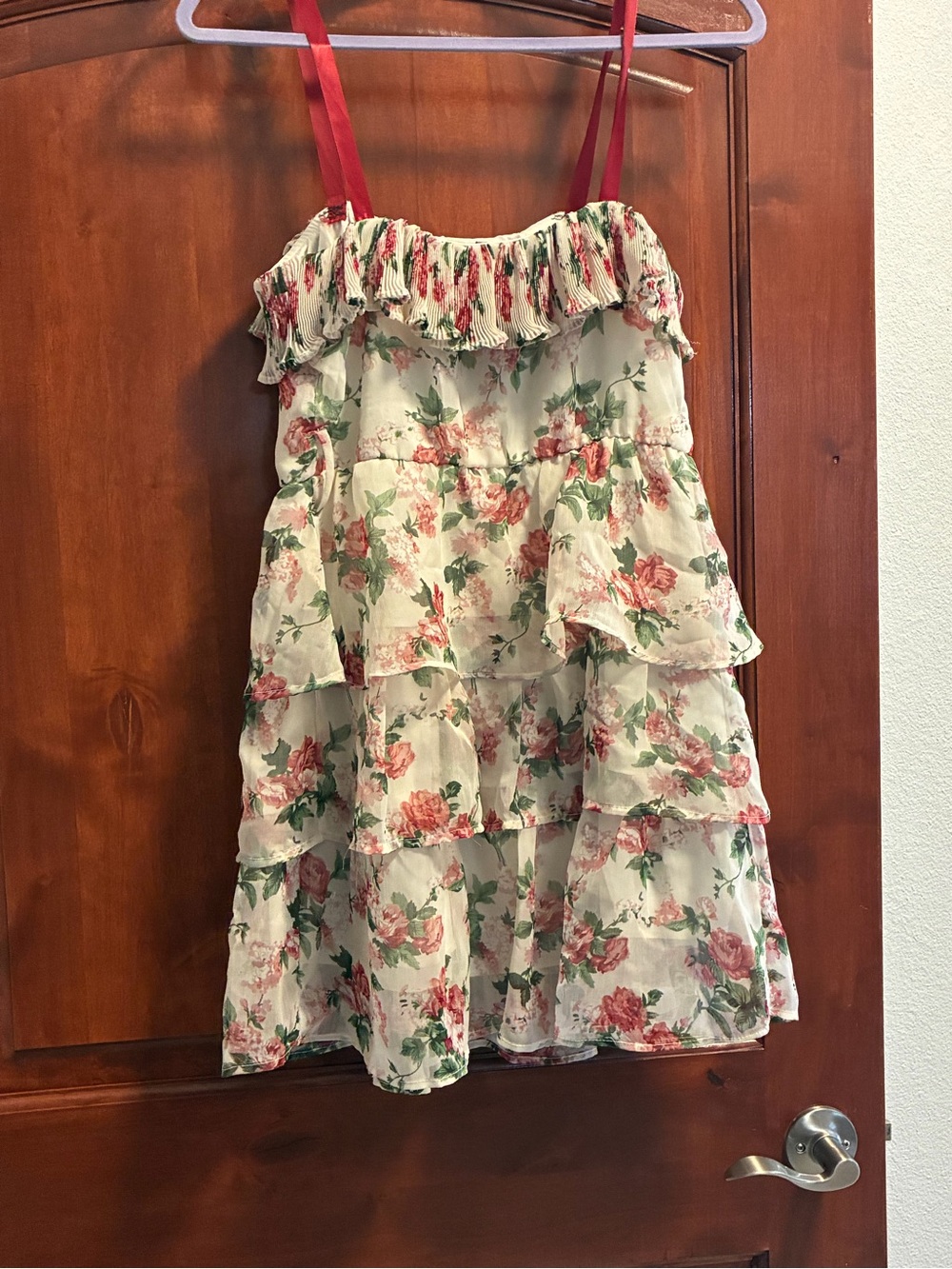 Rue21 White Floral Tiered Mini Dress with Red Straps